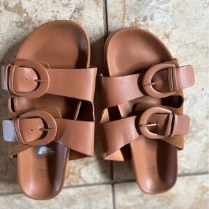 Time and Tru Tan Buckle Slide Sandals